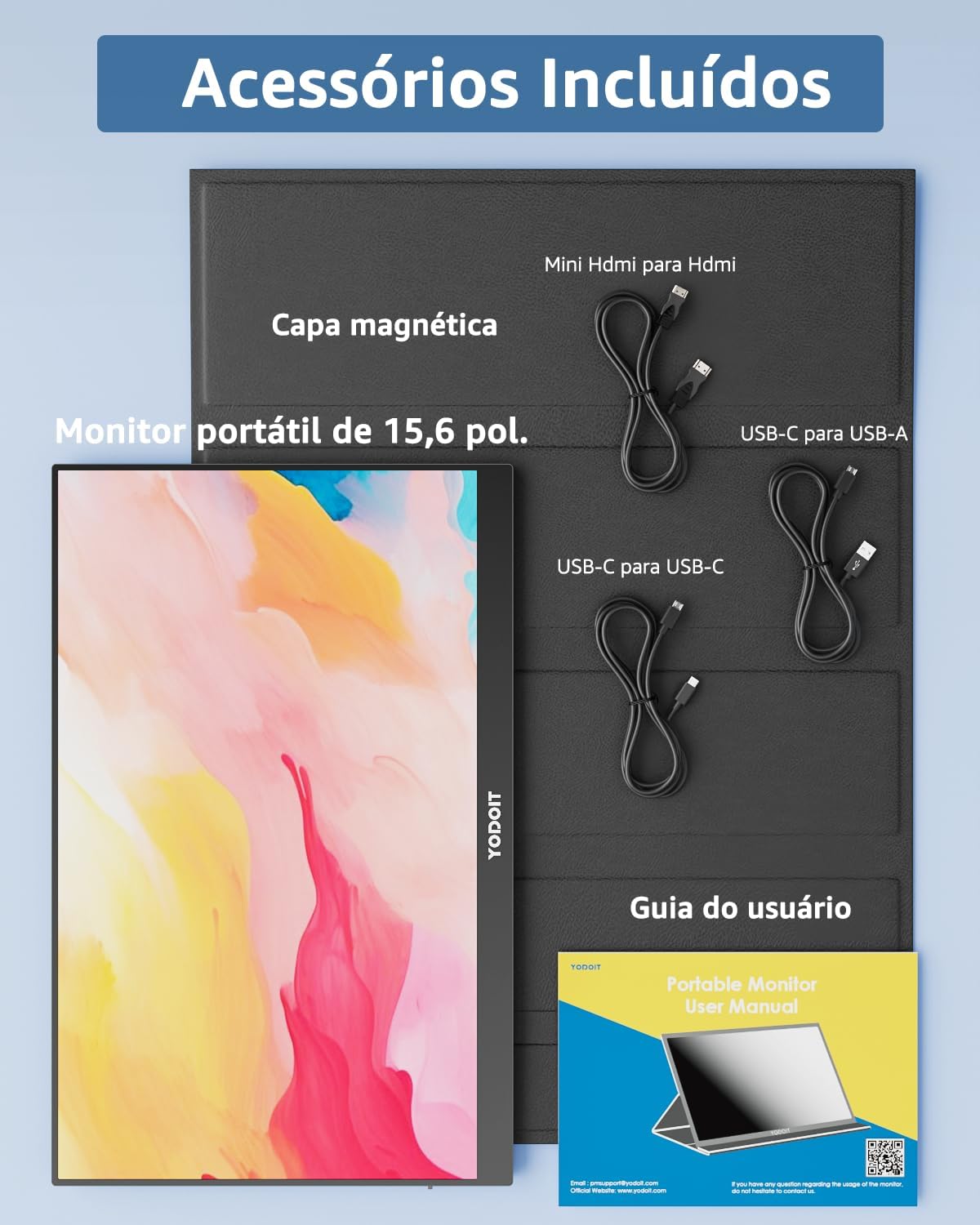 Yodoit Monitor Portátil 15,6" 1080P 100% SRGB FHD Tela com Porta USB Tipo C HDMI com Capa Inteligente Compatível com Laptop, PC, MacBook, Xbox, PS5, Phone